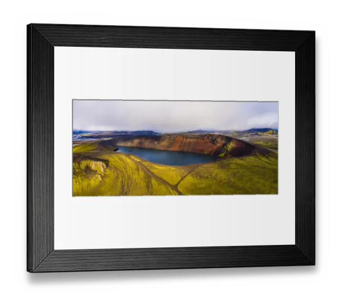 Framed Print : Europe, Iceland. Panoramic aerial view of Ljotipollur, a caldera lake in the highlands of Landmannalaugar