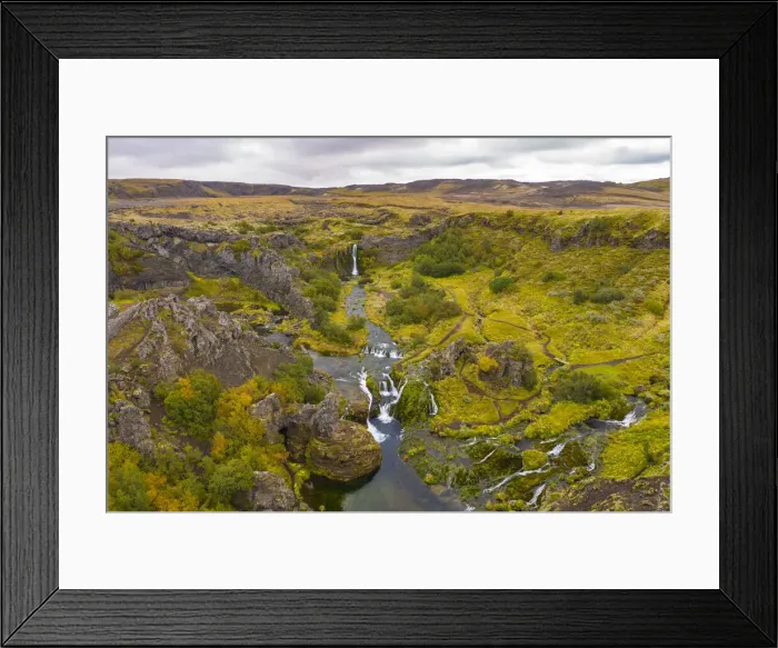 Framed Print : Europe, Iceland. Panoramic aerial view of Gjain waterfalls in a tranquil