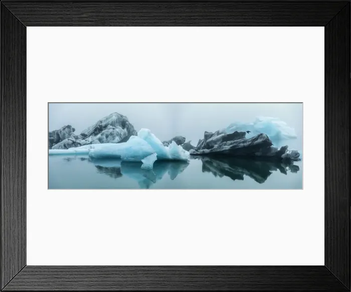 Framed Print : Europe, Iceland. Morning fog softens the light shining on icebergs floating in Framed Print : Europe, Iceland. Morning fog softens the light shining on icebergs floating in