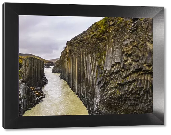 Europe, Iceland. Panoramic aerial view of the basalt columns lining the Studlagil river