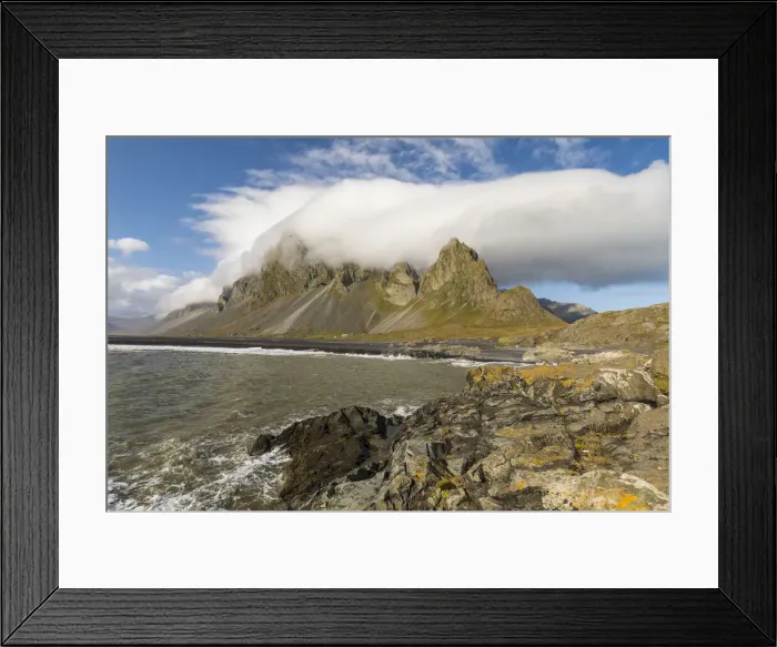 Framed Print : Europe, Iceland. Clouds drape the mountains of Eystrahorn on the south coast