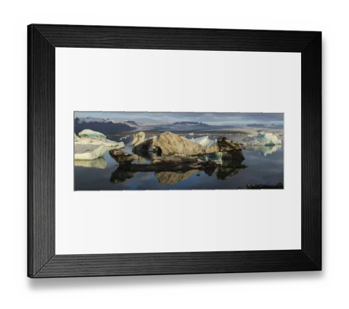 Framed Print : Europe, Iceland. Morning light shines on a panoramic view of icebergs floating in