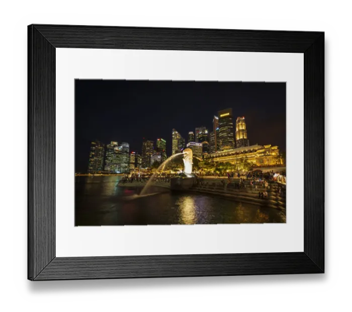 Framed Print : Merlion fountain and business district at night, Singapore