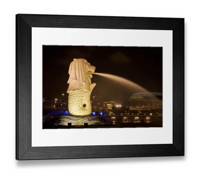 Framed Print : Singapore. Merlion statue spewing water at night