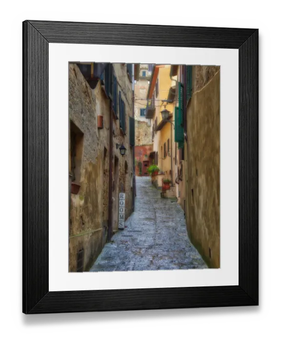 Framed Print : Italy, Tuscany. A narrow street scene in a village in Tuscany Framed Print : Italy, Tuscany. A narrow street scene in a village in Tuscany