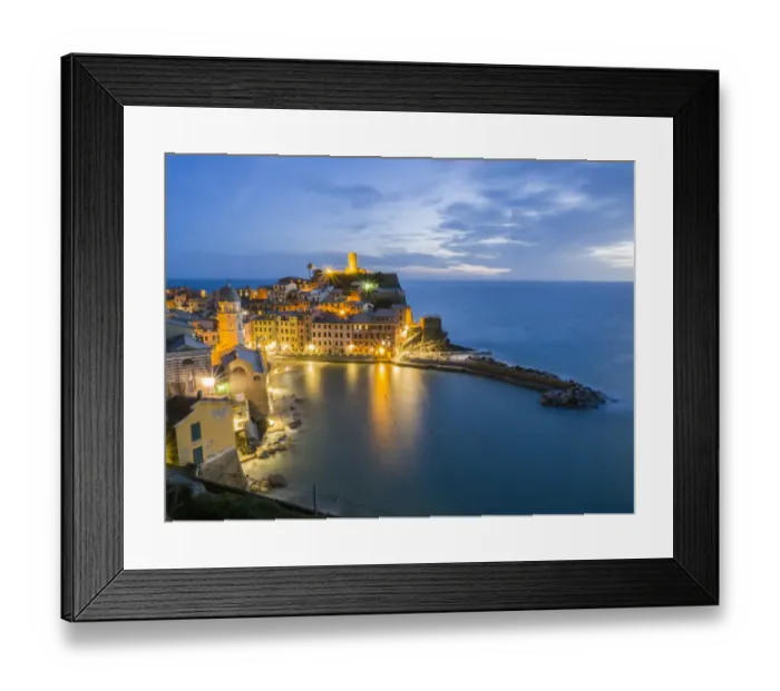 Framed Print : Italy, Tuscany. Hillside town of Vernazza in the evening, Cinque Terre, Liguria region