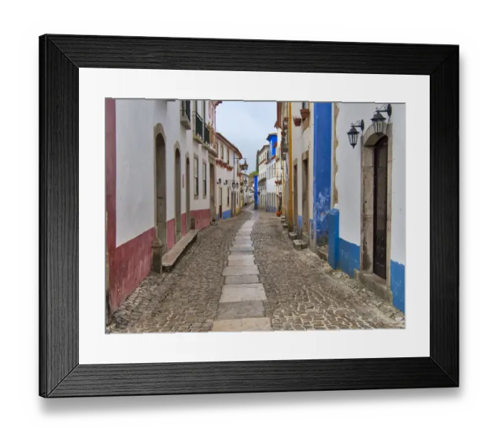 Framed Print : Portugal, Obidos. View looking down the main shopping street Framed Print : Portugal, Obidos. View looking down the main shopping street