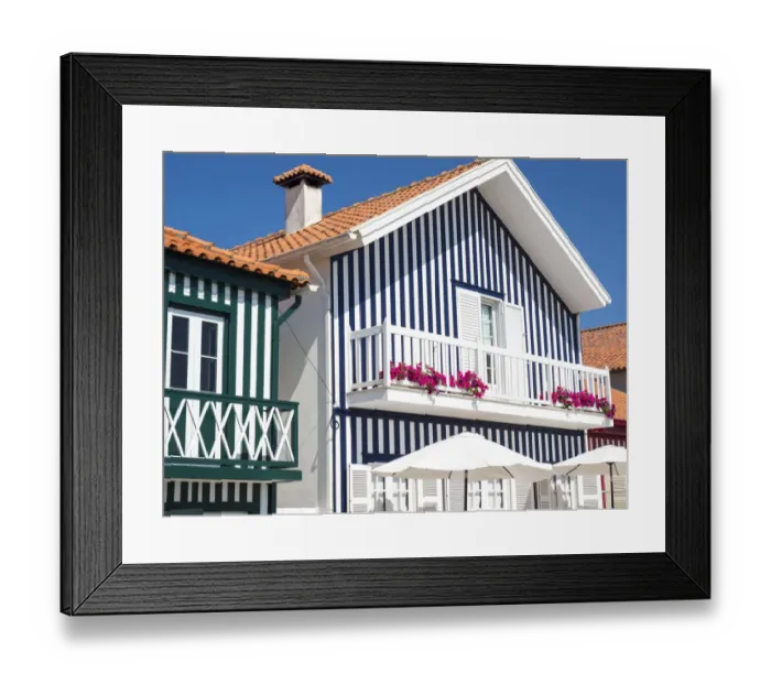 Framed Print : Portugal, Costa Nova. Colorful houses Palheiros striped homes Framed Print : Portugal, Costa Nova. Colorful houses Palheiros striped homes