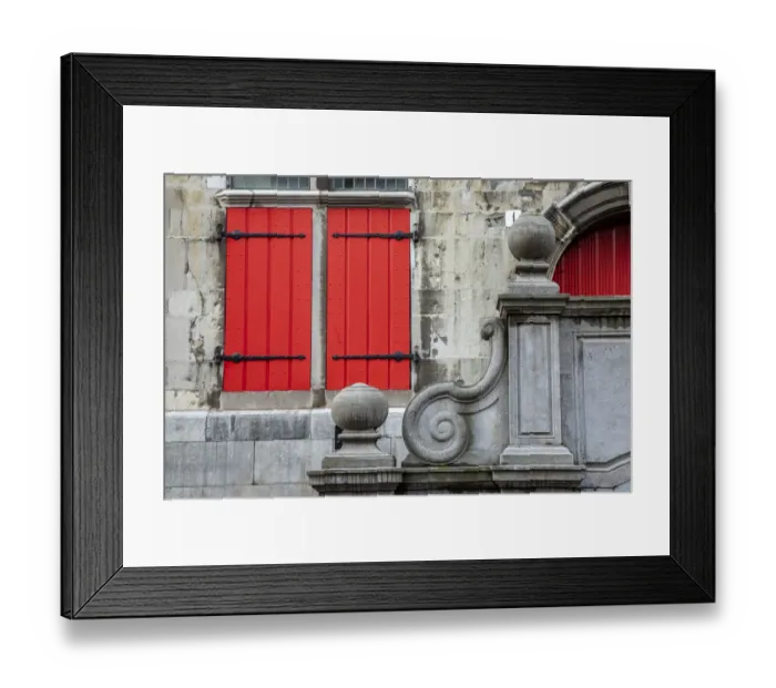 Framed Print : Europe, Netherlands, The Hague. Red shuttered window and stone scroll on 16th century Old