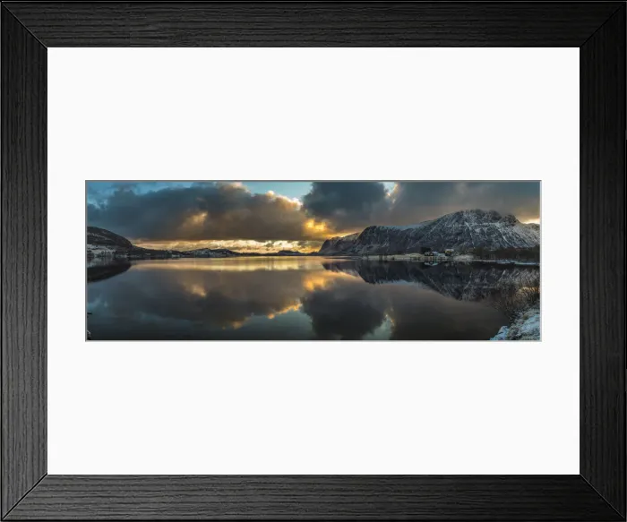 Framed Print : Europe, Norway. Snow covered mountains surround the still waters near Leknes on Vestvagoy Framed Print : Europe, Norway. Snow covered mountains surround the still waters near Leknes on Vestvagoy