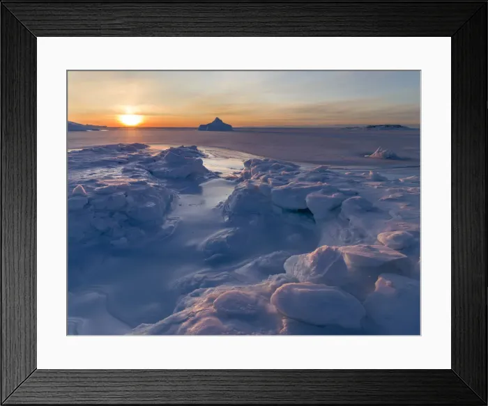 Framed Print : Sunset at the shore of frozen Disko Bay during winter, West Greenland, Denmark Framed Print : Sunset at the shore of frozen Disko Bay during winter, West Greenland, Denmark