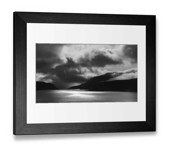 Framed Print : Europe, Faroe Islands. Black and White view of the fjord of Sundini between the islands
