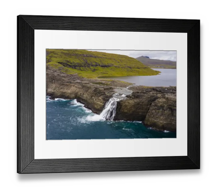 Framed Print : Europe, Faroe Islands. Aerial view Aerial view of Bosdalafossur Framed Print : Europe, Faroe Islands. Aerial view Aerial view of Bosdalafossur