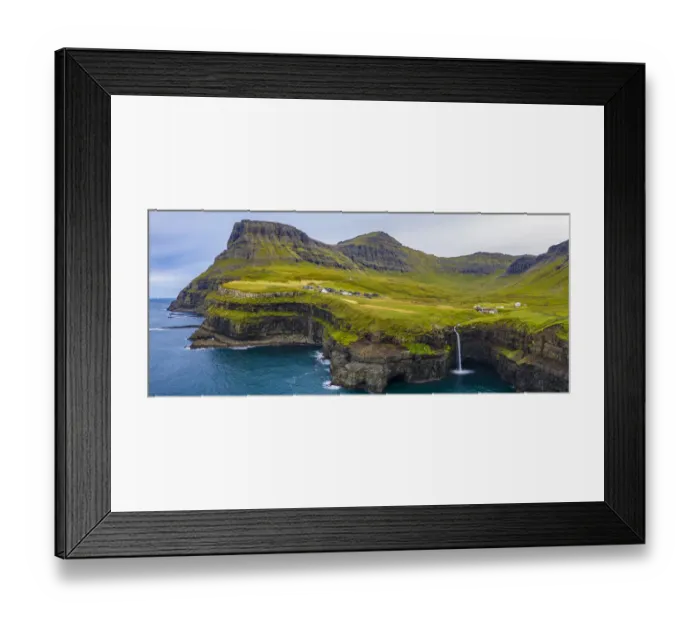 Framed Print : Europe, Faroe Islands. Aerial view of the village of Gasadalur Framed Print : Europe, Faroe Islands. Aerial view of the village of Gasadalur