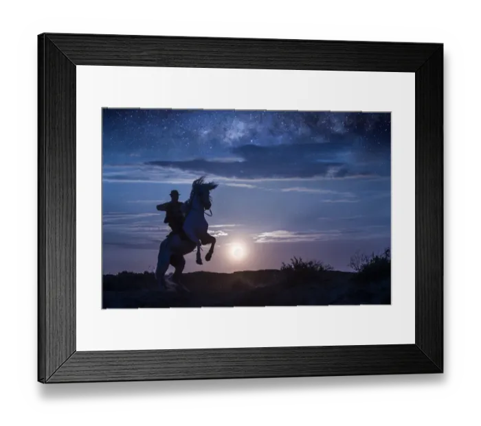 Framed Print : Europe, France, Provence, Camargue. Composite of man on rearing Camargue horse at sunrise