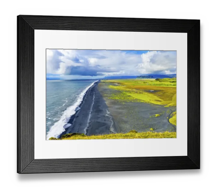 Framed Print : Green Patures Houses, Reynisfjara black sand beach, Dyrholaey Park South Shore, Iceland Framed Print : Green Patures Houses, Reynisfjara black sand beach, Dyrholaey Park South Shore, Iceland
