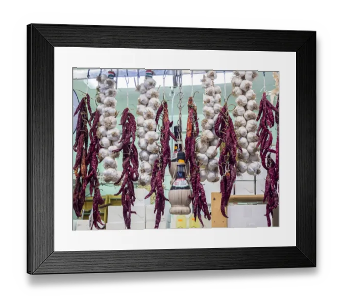 Framed Print : Italy, Florence. Garlic and peppers for sale hanging in a shop in the Central Market Framed Print : Italy, Florence. Garlic and peppers for sale hanging in a shop in the Central Market