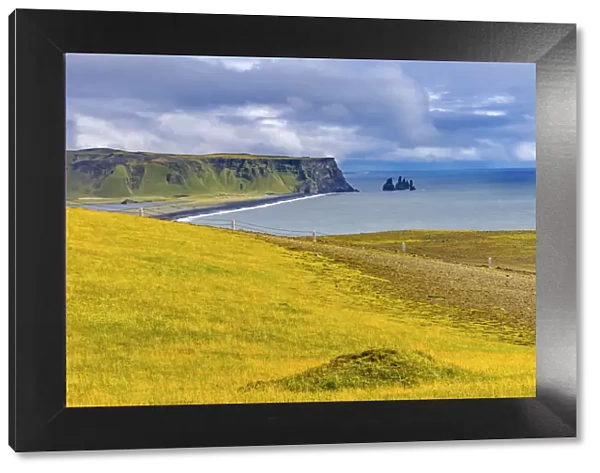Dyrholaey Park green cliffs, Reynisfjara black sand beach, South Shore, Iceland