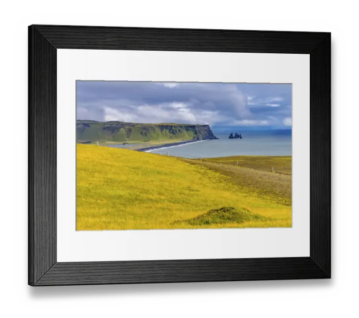 Framed Print : Dyrholaey Park green cliffs, Reynisfjara black sand beach, South Shore, Iceland Framed Print : Dyrholaey Park green cliffs, Reynisfjara black sand beach, South Shore, Iceland