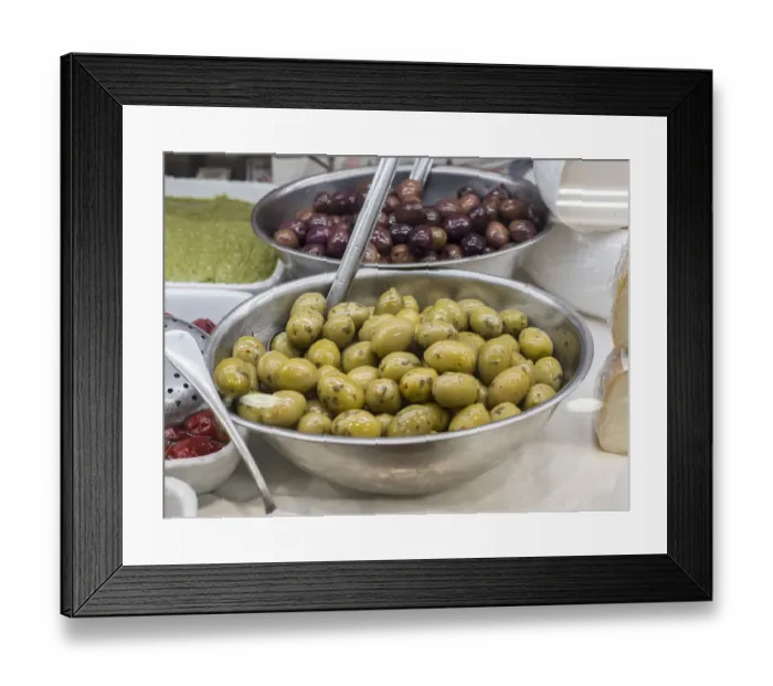 Framed Print : Italy, Florence. Dishes of olives in the Central Market, Mercato Centrale in Florence