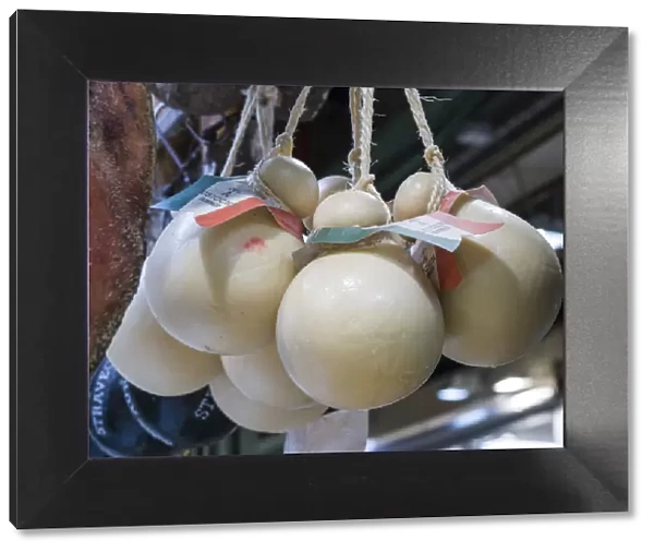 Italy, Florence. Mozzarella balls hanging in a shop in the Central Market