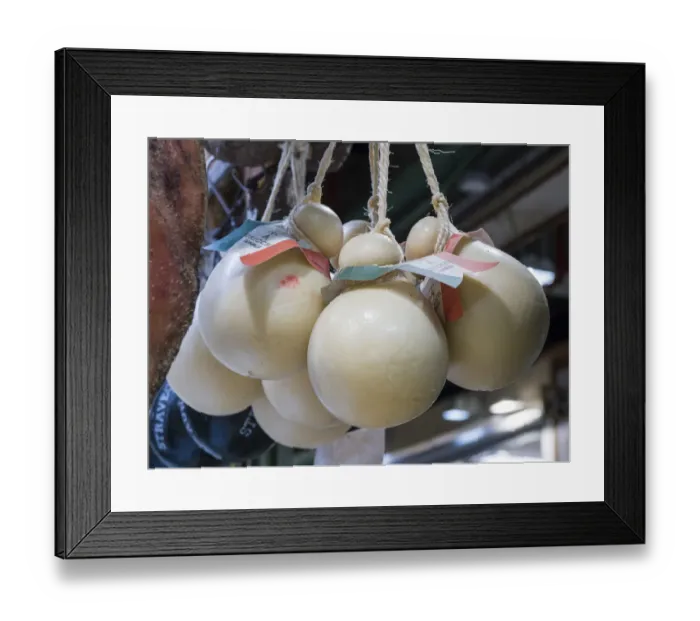 Framed Print : Italy, Florence. Mozzarella balls hanging in a shop in the Central Market Framed Print : Italy, Florence. Mozzarella balls hanging in a shop in the Central Market