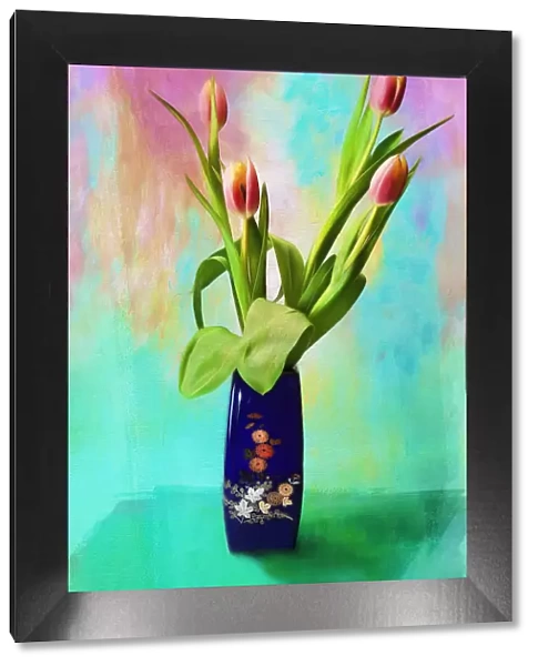 Still-life of tulips in a Japanese vase, as art
