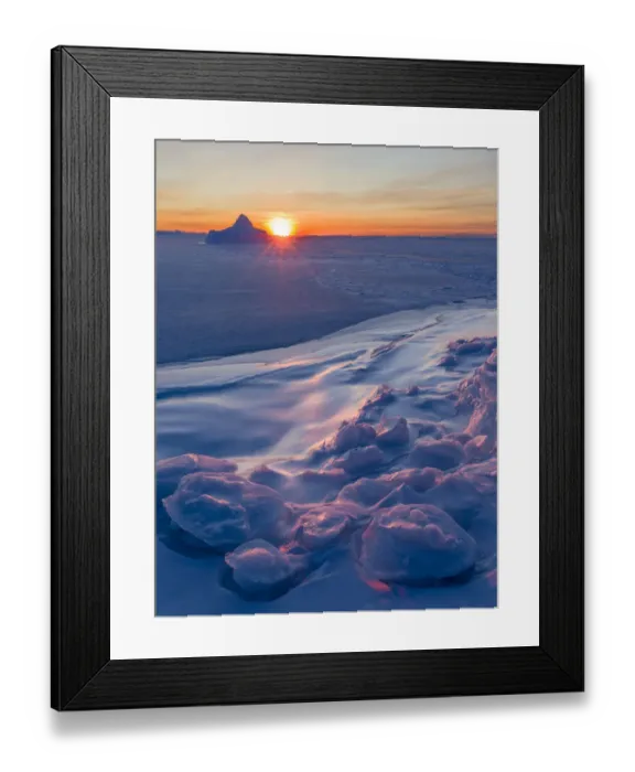 Framed Print : Sunset at the shore of frozen Disko Bay during winter, West Greenland, Denmark Framed Print : Sunset at the shore of frozen Disko Bay during winter, West Greenland, Denmark