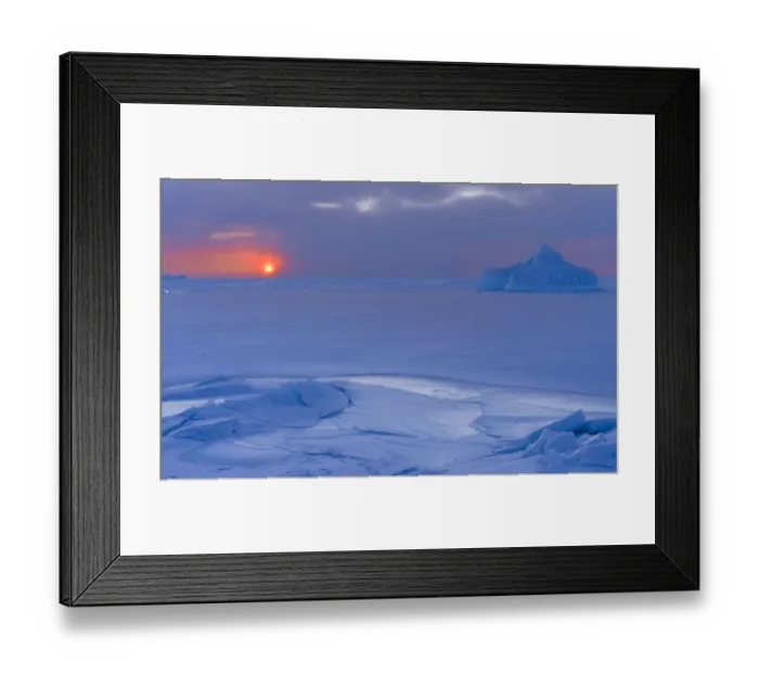 Framed Print : Sunset at the shore of frozen Disko Bay during winter, West Greenland, Denmark Framed Print : Sunset at the shore of frozen Disko Bay during winter, West Greenland, Denmark