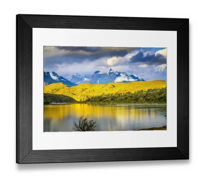 Framed Print : Grey Lake Paine Horns three granite peaks, Torres del Paine National Park, Patagonia