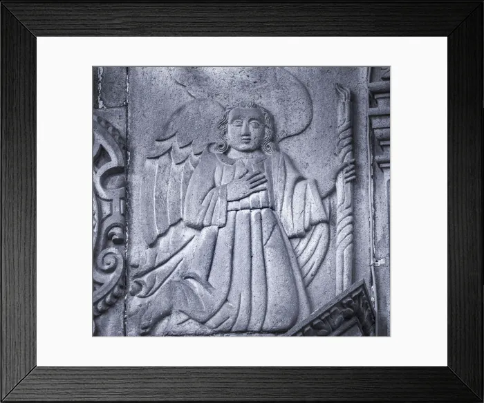 Framed Print : Stone angel facade San Cristobal Church, Puebla, Mexico. Built in 1600 to 1700 s