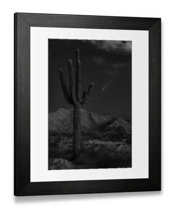 Framed Print : USA, Arizona, Buckeye. Comet Neowise spews trail over White Tank Mountains and desert