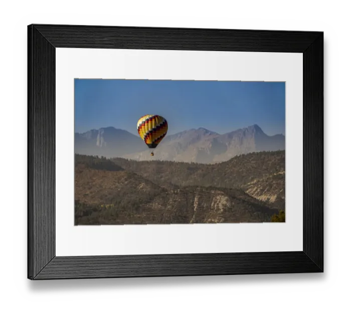 Framed Print : USA, Colorado, Uncompahgre National Forest. Hot air balloon floats above mountain terrain Framed Print : USA, Colorado, Uncompahgre National Forest. Hot air balloon floats above mountain terrain