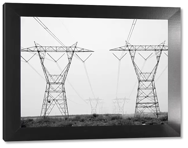 USA, California. Converging transmission towers and power lines