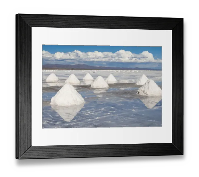 Framed Print : Bolivia, Uyuni, Salar de Uyuni. Cones of salt have been scraped up so that the salt will Framed Print : Bolivia, Uyuni, Salar de Uyuni. Cones of salt have been scraped up so that the salt will