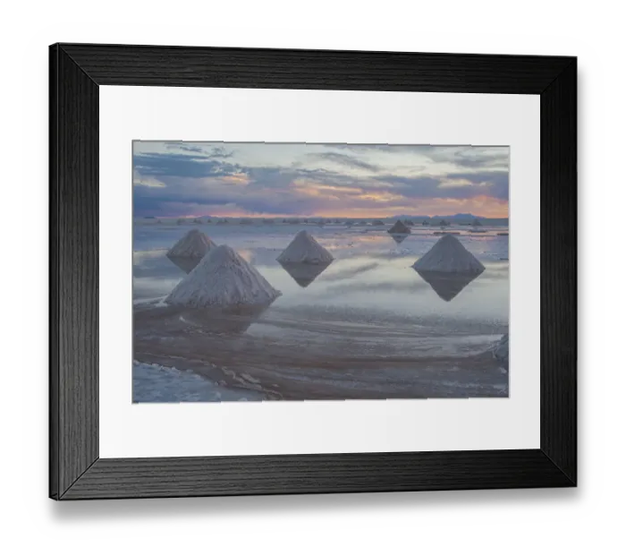 Framed Print : Bolivia, Uyuni, Salar de Uyuni. Cones of salt have been scraped up so that the salt will Framed Print : Bolivia, Uyuni, Salar de Uyuni. Cones of salt have been scraped up so that the salt will