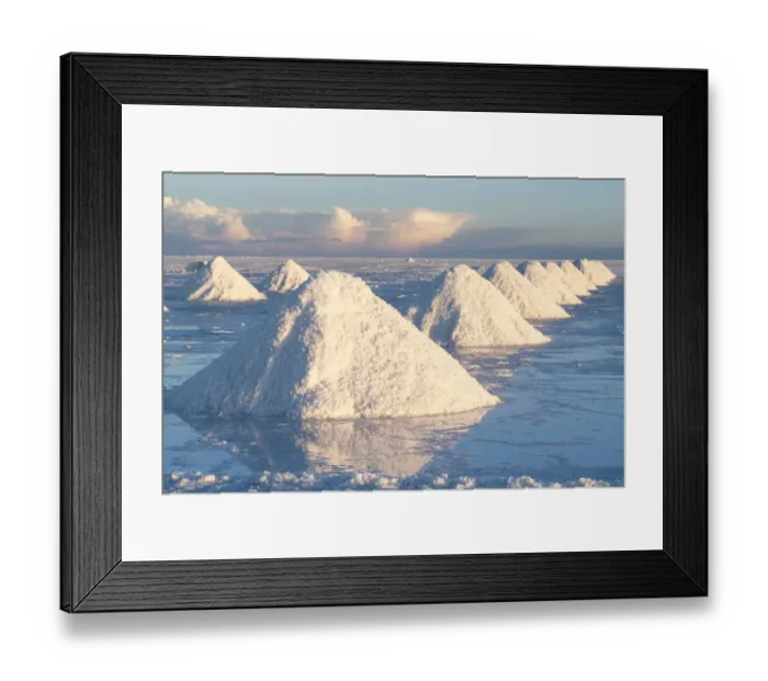 Framed Print : Bolivia, Uyuni, Salar de Uyuni. Cones of salt have been scraped up so that the salt will Framed Print : Bolivia, Uyuni, Salar de Uyuni. Cones of salt have been scraped up so that the salt will