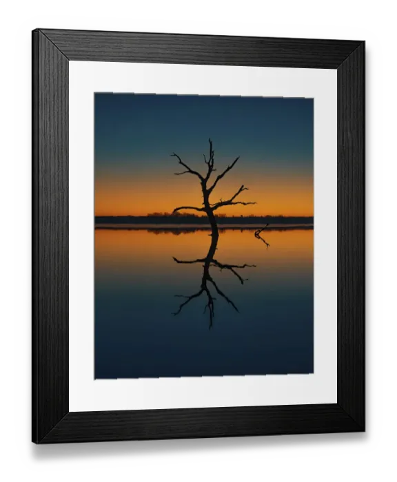 Framed Print : Calm day at a Kansas lake creating reflections of the illuminating blue and orange sky Framed Print : Calm day at a Kansas lake creating reflections of the illuminating blue and orange sky