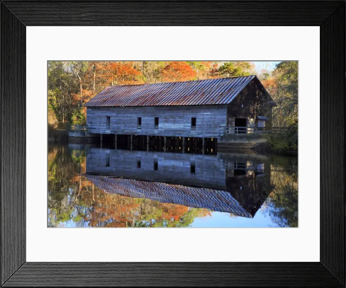 Framed Print : USA, Georgia, Grist mill with fall reflections in pond Framed Print : USA, Georgia, Grist mill with fall reflections in pond