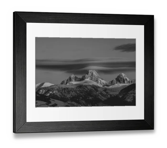 Framed Print : Black and white of Grand Teton, Middle Teton and Mount Owen with cirrus cloud seen