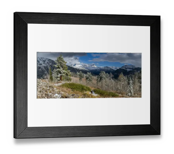 Framed Print : Panoramic of October snow and Teton Mountains from the west near Jackson hole