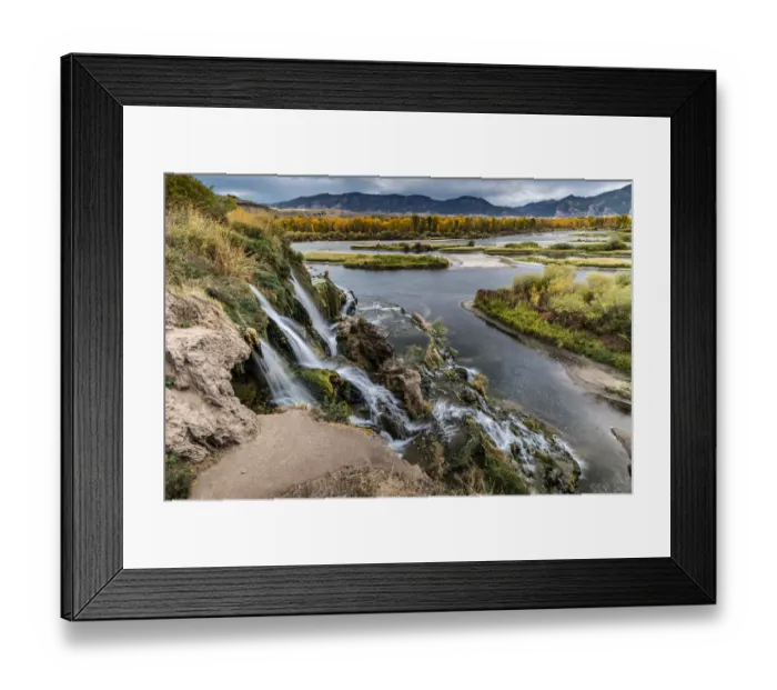 Framed Print : Fall Creek Waterfall landscape and autumn cottonwood trees near Swan Valley