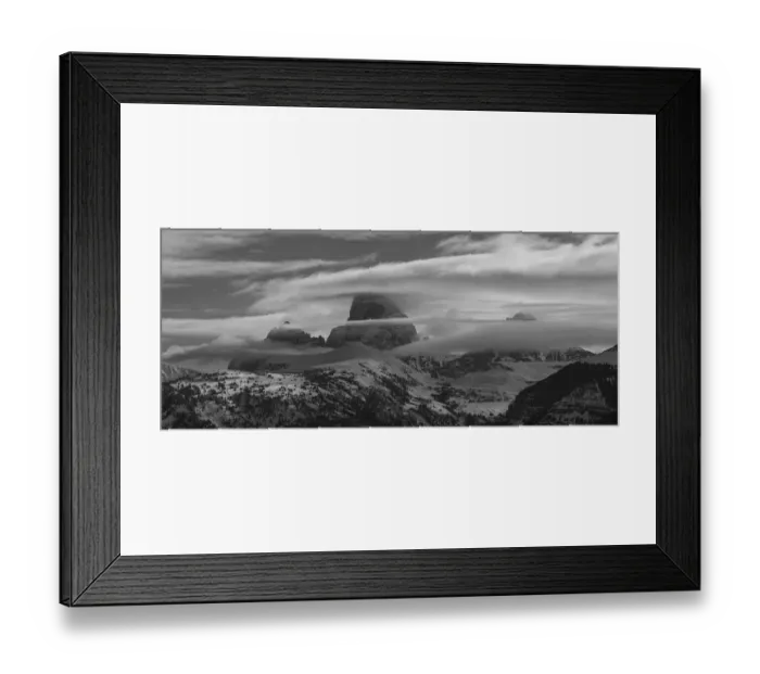 Framed Print : Black and white panoramic of Grand Teton, Middle Teton and Mount Owen seen from the west