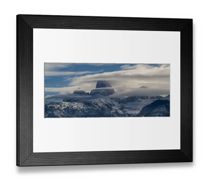 Framed Print : Panoramic of Grand Teton, Middle Teton and Mount Owen seen from the west with cloud Framed Print : Panoramic of Grand Teton, Middle Teton and Mount Owen seen from the west with cloud