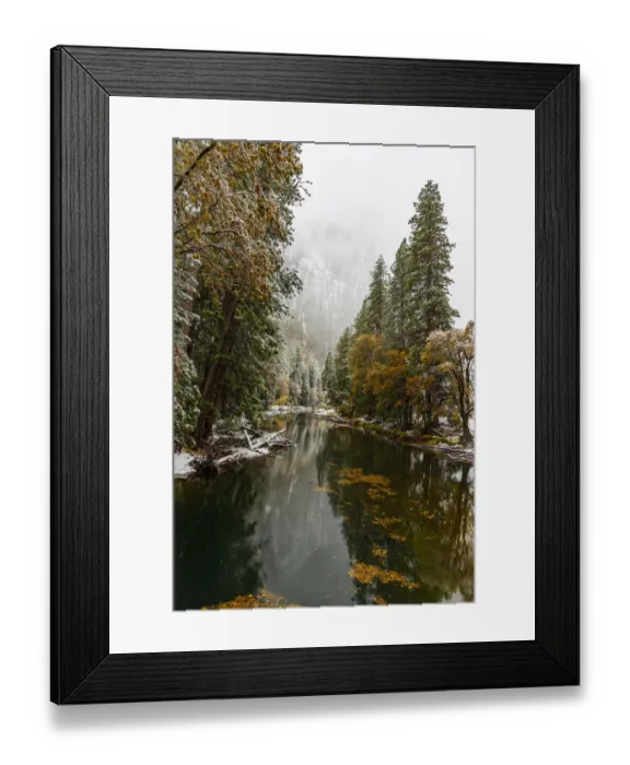 Framed Print : Merced River. Autumn first snow in Yosemite National Park, California, USA
