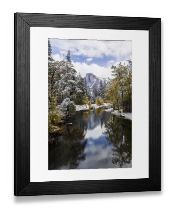 Framed Print : Swinging Bridge. Autumn first snow in Yosemite National Park, California, USA Framed Print : Swinging Bridge. Autumn first snow in Yosemite National Park, California, USA
