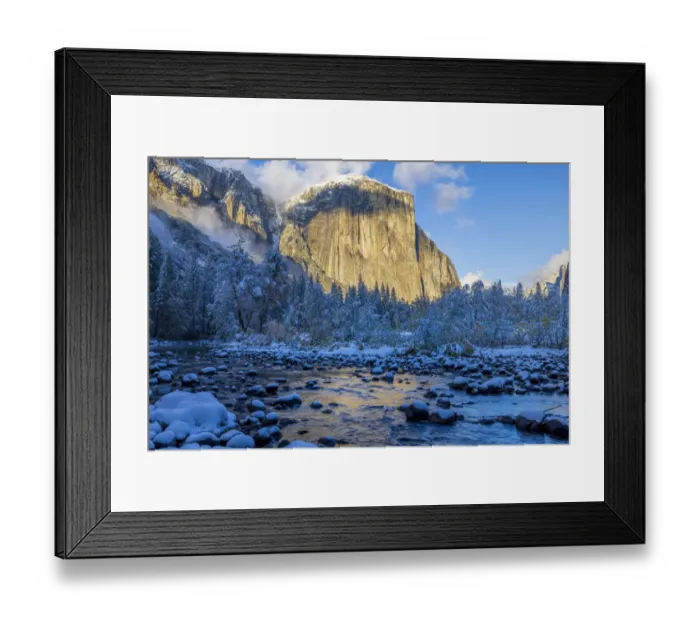 Framed Print : Merced River. Autumn first snow in Yosemite National Park, California, USA