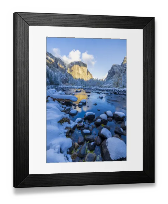 Framed Print : Merced River. Autumn first snow in Yosemite National Park, California, USA