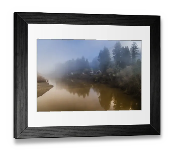 Framed Print : The clearing fog from the Russian River with the houses along the riverbank early morning