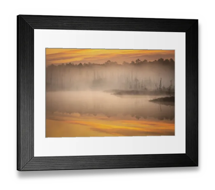 Framed Print : USA, New Jersey, Pine Barrens National Preserve. Sunrise reflects in foggy marsh pond Framed Print : USA, New Jersey, Pine Barrens National Preserve. Sunrise reflects in foggy marsh pond